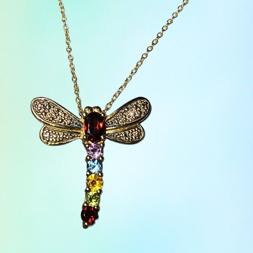 Multi-Gemstone Dragonfly Pendant Necklace – 18K Gold Vermeil Sterling Silver